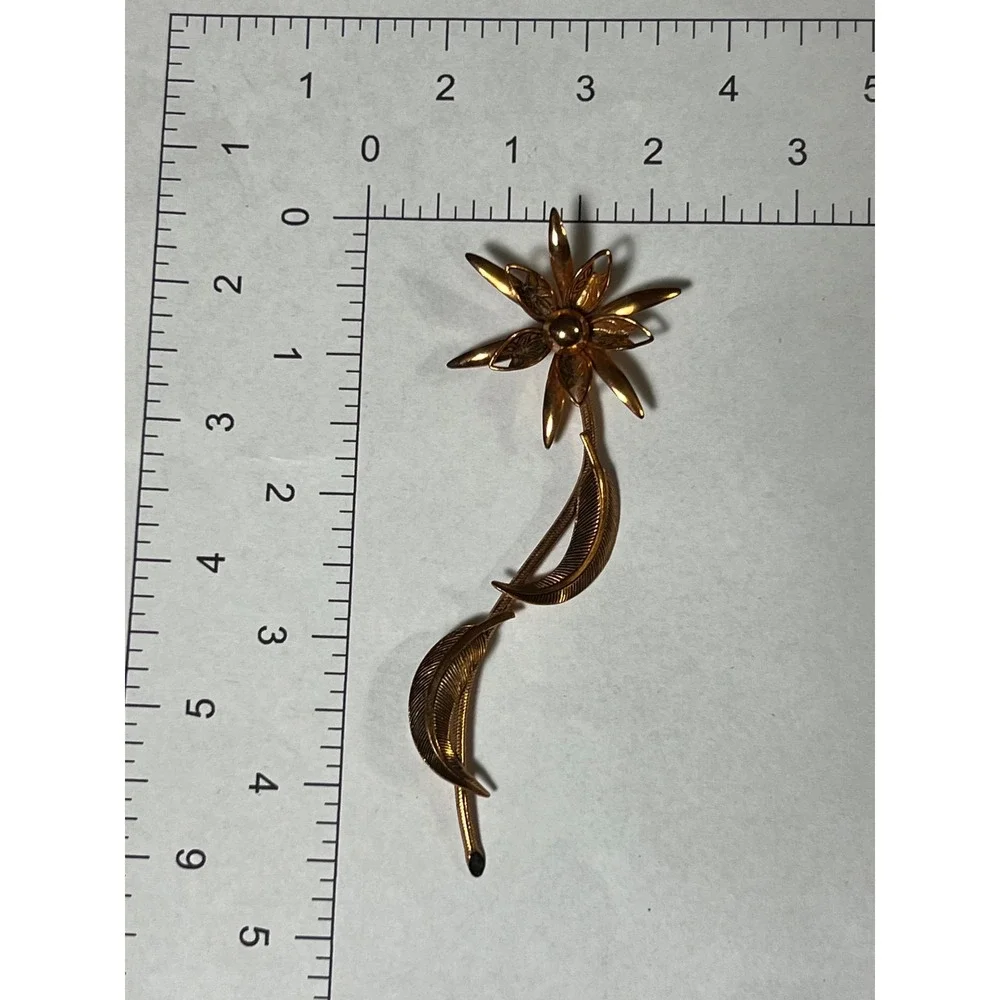 Vintage Gold Tone Long Stem‎ Flower Brooch Textured Leaf Floral Pin 4.5 Inch